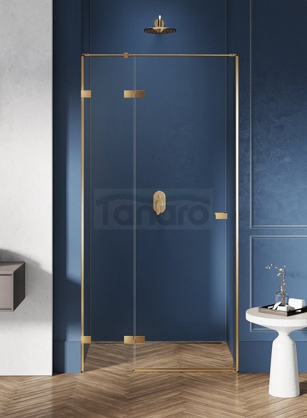 NEW TRENDY Drzwi wnękowe AVEXA GOLD BRUSHED 1D L 110x200 szkło czyste 6mm Active Shield 2.0 złoto szczotkowane EXK-1720