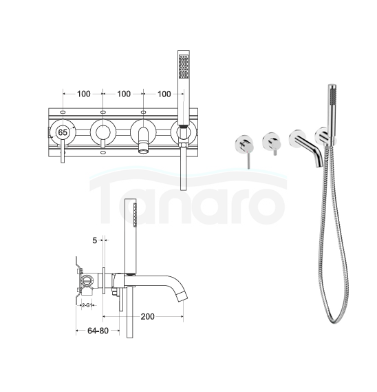 BESCO Bateria wannowa podtynkowa 4-otworowa Veo złoto szczotkowane BW-V4P-ZS