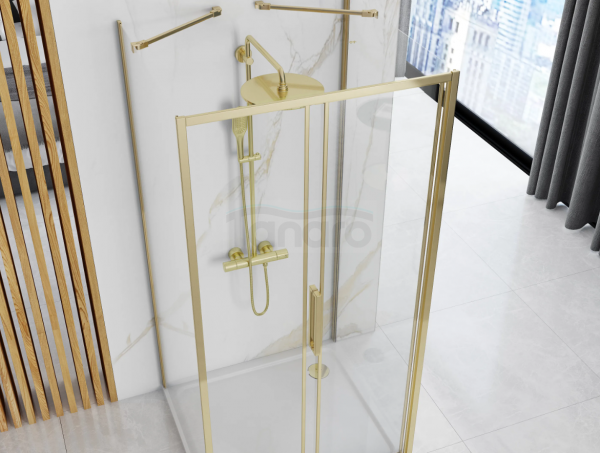 REA - Kabina Prysznicowa Przyścienna RAPID SLIDE BRUSH GOLD/ZŁOTA SZCZOTKOWANA drzwi 140 + ścianka 90 x2 + ramię x2