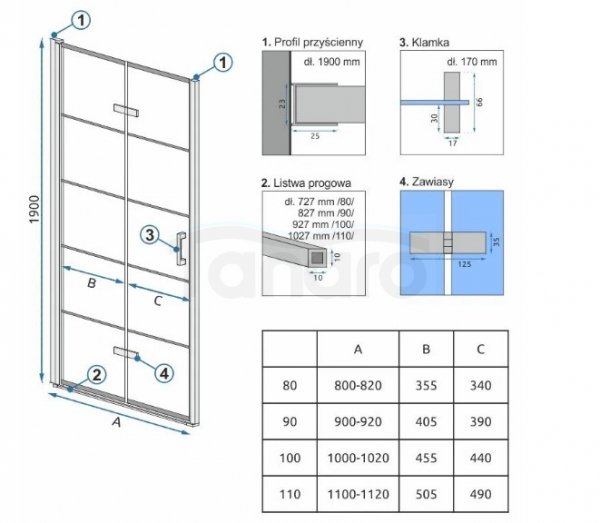 REA Drzwi wnękowe prysznicowe składane MOLIER BLACK 80cm + listwa magnetyczna 