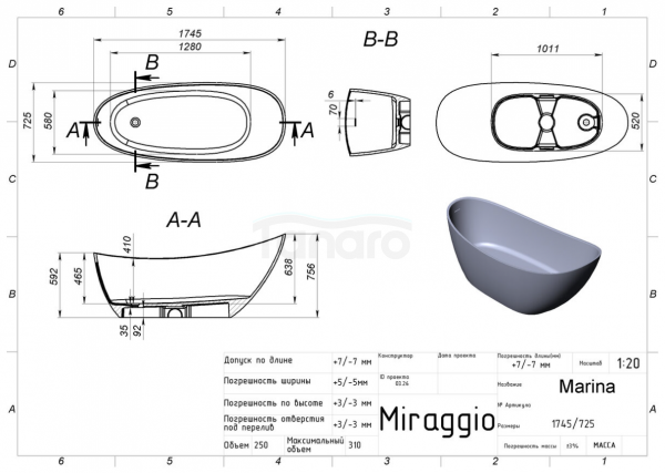 MIRAGGIO Wanna wolnostojąca MARINA 175cm 0002005