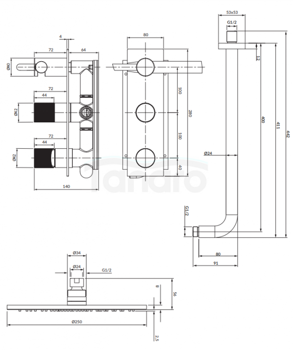 OMNIRES System prysznicowy podtynkowy CONTOUR miedź szczotkowana SYSCT10CPB