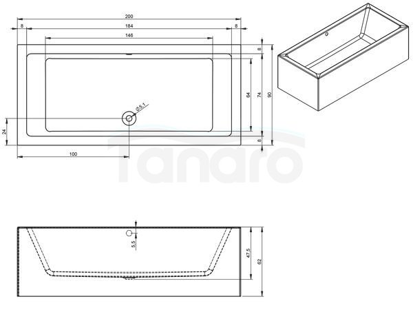 RIHO - Wanna akrylowa wolnostojąca prostokątna narożna LUGO 200x90x62 Plug &amp; Play LEWA  B137015005