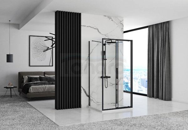 REA - Kabina Prysznicowa Przyścienna RAPID SLIDE Black-Czarna  /drzwi 160 + ścianka 90 x2 + ramię x2/