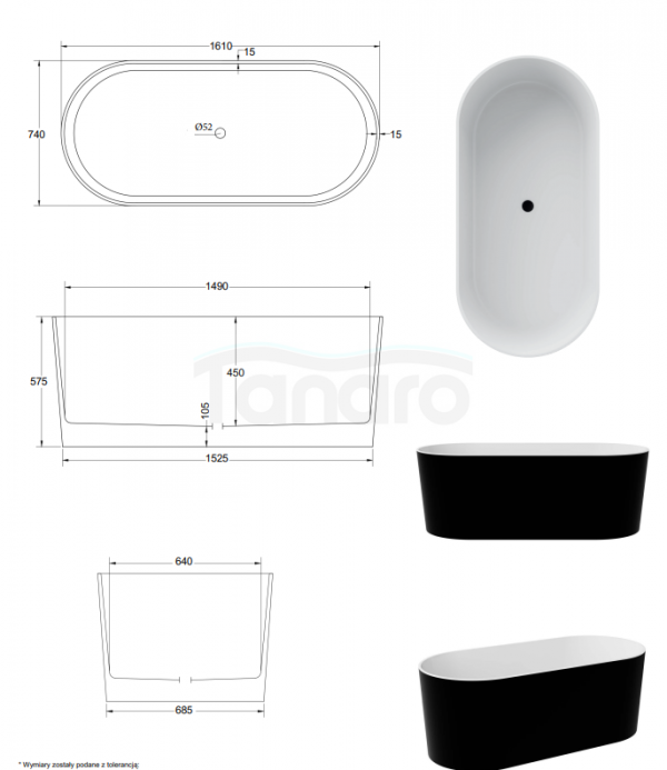 BESCO Wanna wolnostojąca Lova B&amp;W 160x74 + klik-klak chrom #WWM-160LBKS