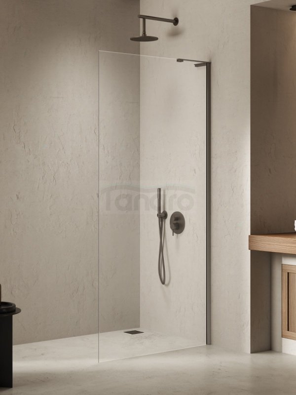 NEW TRENDY Kabina prysznicowa NESTA GUNMETAL BRUSHED WALK-IN U 100x200 szkło czyste 8mm Active Shield 2.0 - WSPORNIK KĄTOWY K-1757-WL