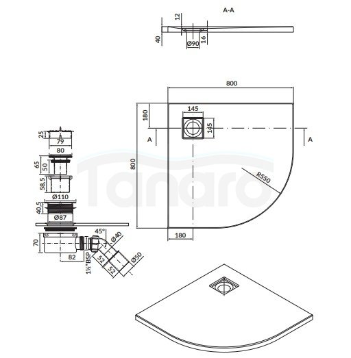 CERSANIT - brodzik półokrągły TAKO Slim 80x4 biały + syfon  S601-119