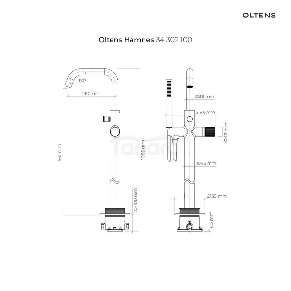 Oltens Hamnes bateria wannowo-prysznicowa wolnostojąca czarny mat 34302300
