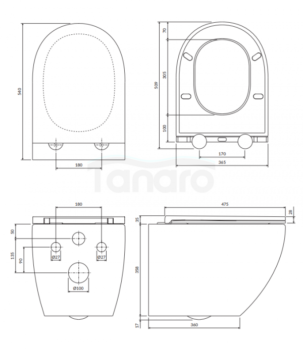 OMNIRES Bezkołnierzowa miska toaletowa OTTAWA COMFORT wisząca z deską wolnoopadającą, 54 x 37 cm OTTAWACMWBP