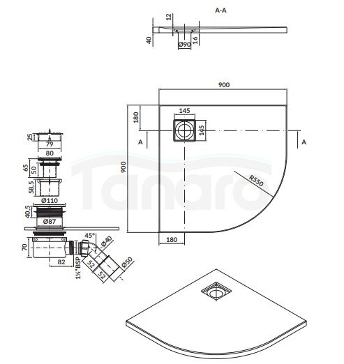 CERSANIT - brodzik półokrągły TAKO Slim 90x4 szary mat + syfon  S932-160