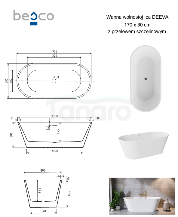 BESCO Wanna wolnostojąca Deeva Glam Grafitowa 170x80 + maskownica odpływu białe #WWA-170DGGW