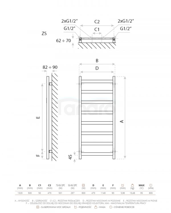 LAVITA Grzejnik łazienkowy elektryczny Lungo Black 1320 z grzałką Black