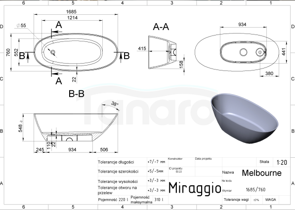 MIRAGGIO Wanna wolnostojąca MELBOURNE biała matowa 168,5cm 0001489