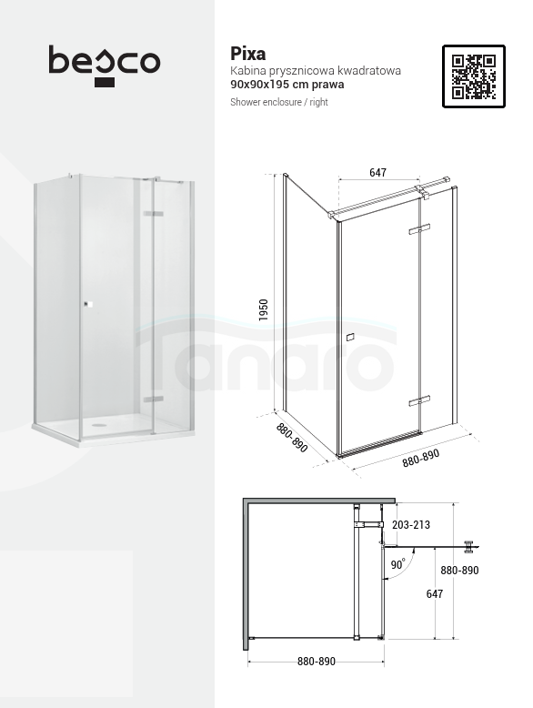 BESCO Kabina prysznicowa kwadratowa Pixa Gun metal 90x90x195 Prawa PKP-90-195GR