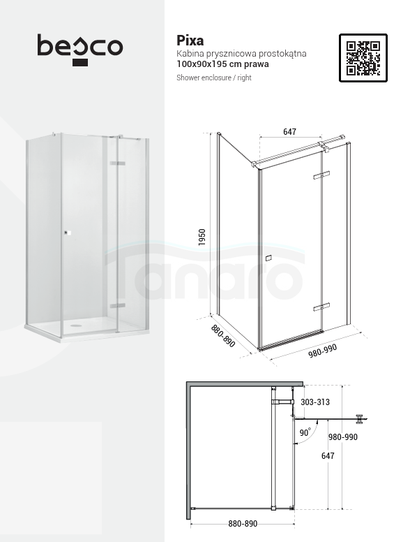 BESCO Kabina prysznicowa Pixa Gun Metal 100x90x195 Prawa PPP109-195GR