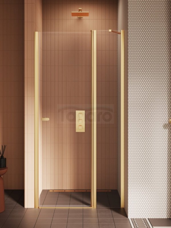 NEW TRENDY Drzwi wnękowe NEW SOLEO GOLD BRUSHED 1D U 90x195 szkło czyste 6mm Active Shield 2.0 - z elementem stałym D-0771A