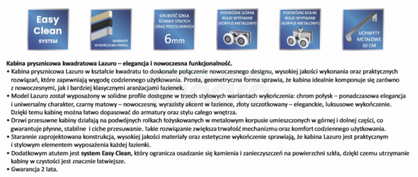AQUAFORM LAZURO KABINA KWADRATOWA 90X90X200 BLACK MATT, SZKŁO CZYSTE 6MM EASY CLEAN AQ.101-502111