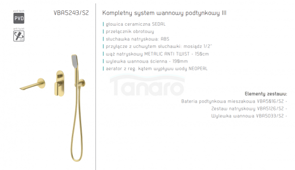 VEDO System wannowy podtynkowy III ALETTA SPAZZO /złoto szczotkowane Nr KAT: VBA5243/SZ