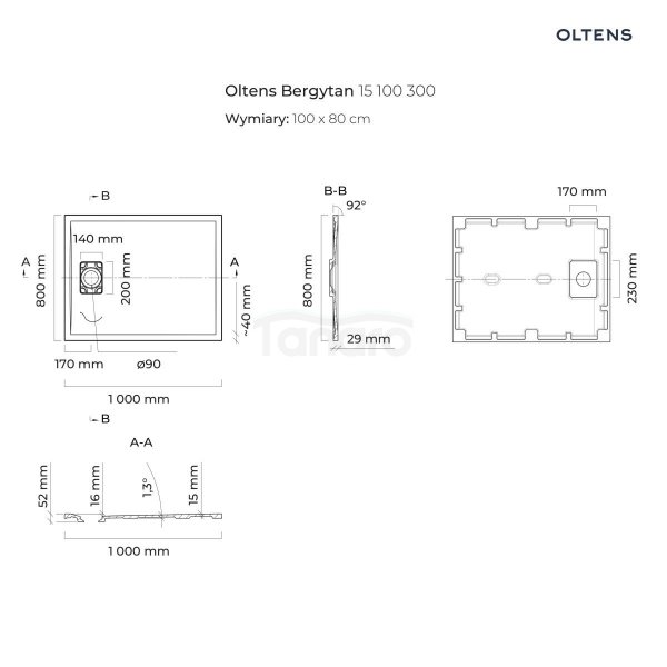 Oltens Bergytan brodzik prostokątny 100x80 cm RockSurface czarny 15100300