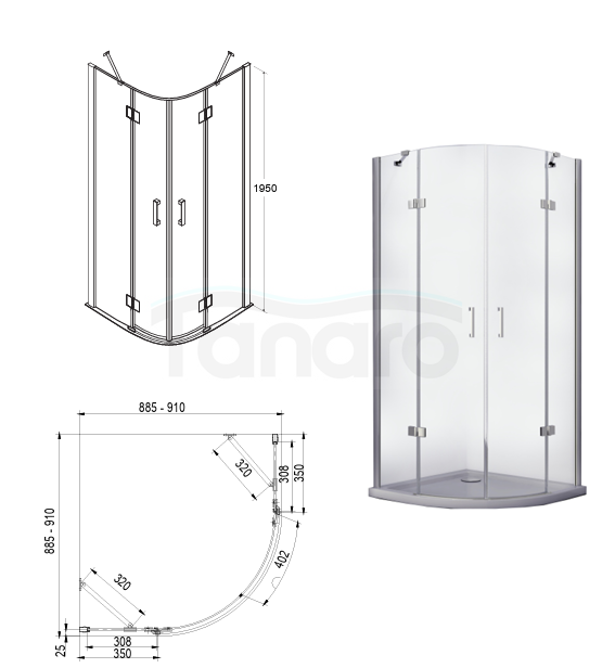 BESCO Kabina prysznicowa półokrągła 90x90x195 Viva Chrom VP-90-195-C