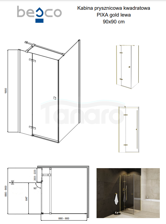 BESCO Kabina prysznicowa Pixa Gold 90x90 Lewa PKL-90-195G