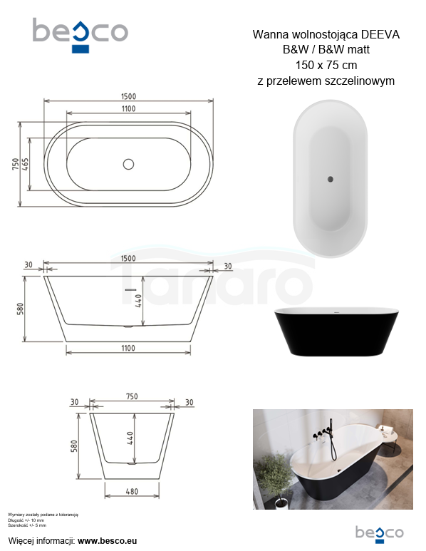 DUPLIKAT: BESCO Wanna wolnostojąca Deeva B&amp;W 150x75 + syfon chrom #WWA-150-DBC