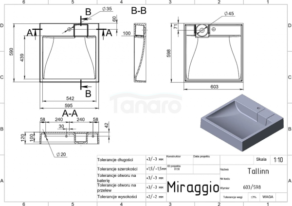 MIRAGGIO Umywalka na pralkę TALLINN 0000248