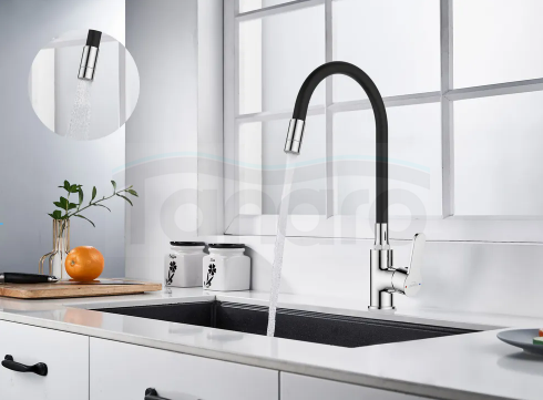 INVENA BATERIA ZLEWOZMYWAKOWA KSANTI Z RUCHOMĄ, 2F WYLEWKA, CHROM / CZARNY BZ-37-008-L