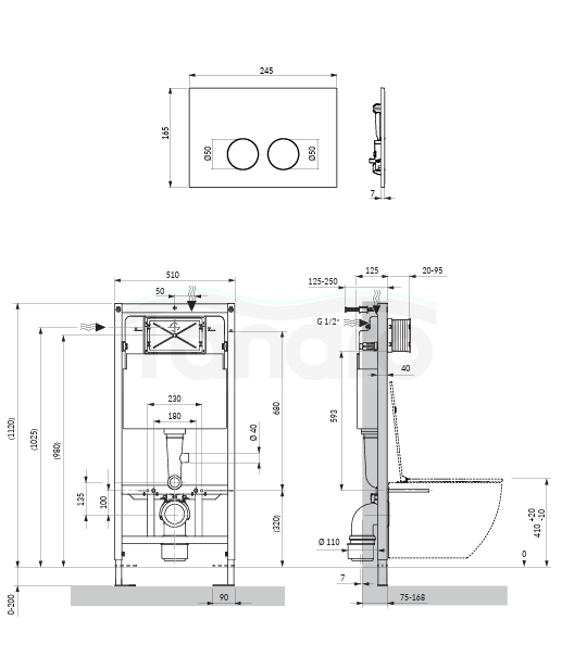 OMNIRES STRONGFRAME stelaż podtynkowy do miski toaletowej z ECO spłukiwaniem + MINIMAL przycisk spłukujący FLUSH SET chrom połysk STFWCECO1M-RCR