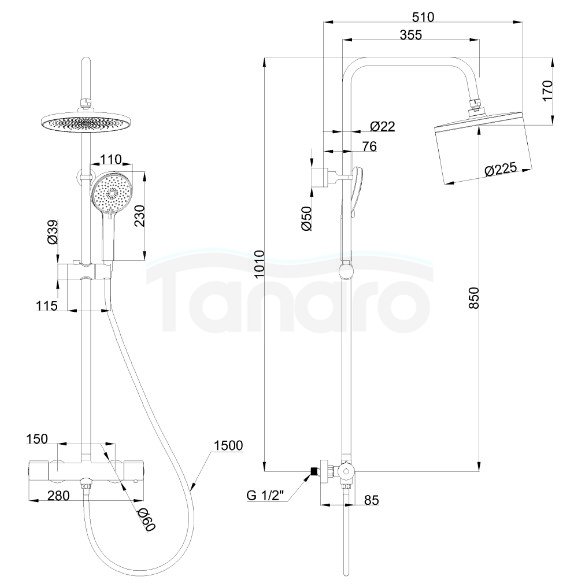 INVENA - Deszczownia z baterią natryskową VOLOS czarny  AU-37-T04-V