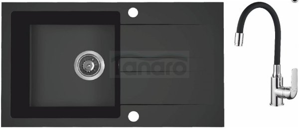 AQUAFORM - zlewozmywak granitowy MARANELLO 440 X 760 X 194 - 1 komora z ociekaczem, CZARNY MONO + syfon oszczędzający miejsce z korkiem automatycznym + bateria stojąca z wylewką elastyczną  AQ.901-1019505