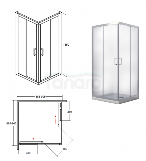 BESCO Kabina prysznicowa kwadratowa drzwi przesuwne Modern 90x90x185  MK-90-185-C