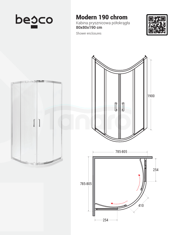 BESCO Kabina prysznicowa półokrągła Modern Chrom 80 x 190 szkło grafitowe MP-80-190-G