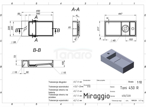 MIRAGGIO Umywalka 45x22 TONI 450 R 8814210