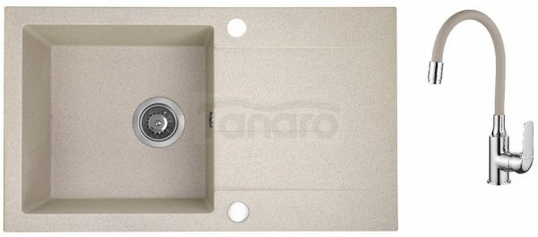 AQUAFORM - zlewozmywak granitowy MARANELLO 440 X 760 X 194 - 1 komora z ociekaczem, BEŻOWY + syfon oszczędzający miejsce z korkiem automatycznym + bateria stojąca z wylewką elastyczną  AQ.901-1012505