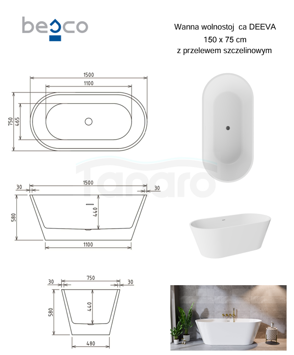BESCO Wanna wolnostojąca Deeva Glam Srebrna 150x75 + maskownica odpływu złote #WWA-150DGSG