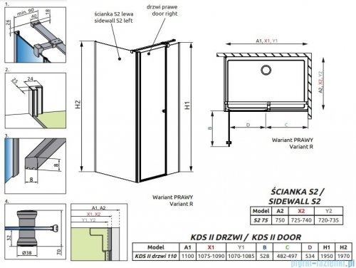 Radaway Eos KDS II kabina prysznicowa 110x75 prawa przejrzyste 13799483-01R/13799429-01