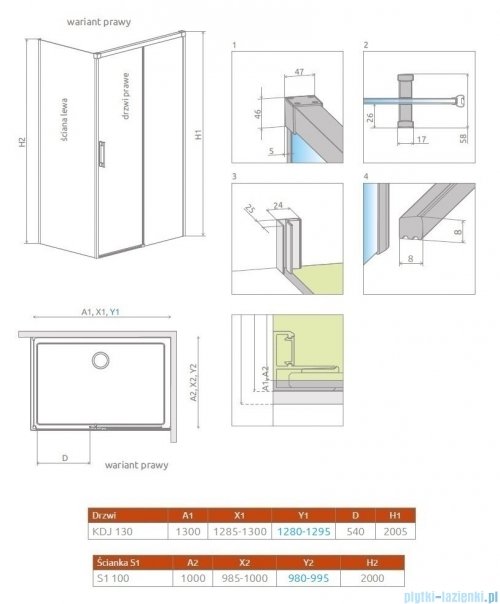 Radaway Idea Gold Kdj kabina 130x100cm prawa złoty połysk/szkło przejrzyste 387043-09-01R/387052-09-01L