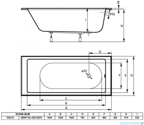 Massi Elega Slim wanna prostokątna 150x70 cm MSWT-EL-00315070