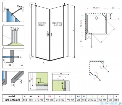 Radaway Nes 6 Kdd II Brushed Light Gold kabina 80x80cm szczotkowane jasne złoto 10031080-98-01L/10031080-98-01R