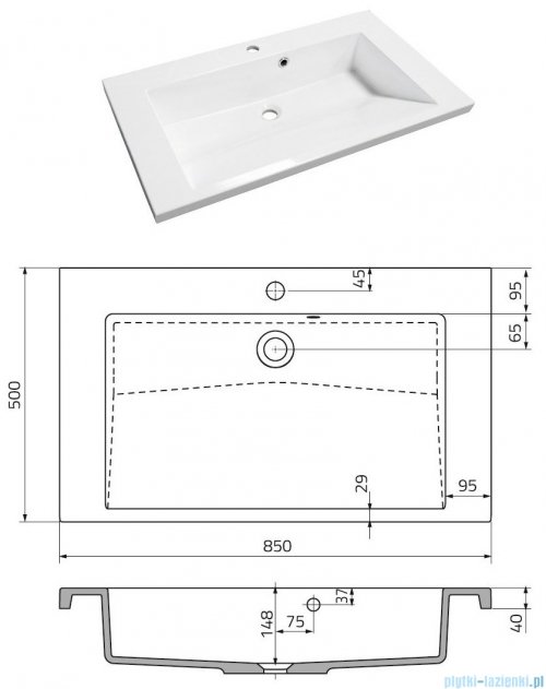 rysunek techniczny Oristo Brylant szafka z umywalką 84x50x48cm grafit/biały OR36-SD2S-85-5/UME-BR-85-92 