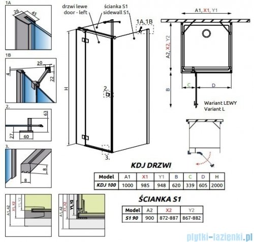 Radaway Essenza New Kdj+S kabina 90x100x90cm lewa szkło przejrzyste + brodzik Doros D + syfon 