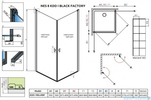 Radaway Nes 8 Black Kdd I Factory kabina 90x90cm czarny mat/szkło przejrzyste 10071090-54-55L/ 10071090-54-55R