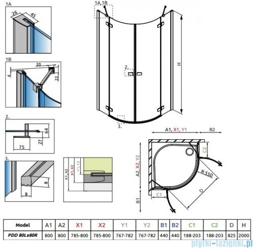 Radaway Fuenta New Pdd kabina 80x80cm szkło przejrzyste + brodzik Delos A + syfon