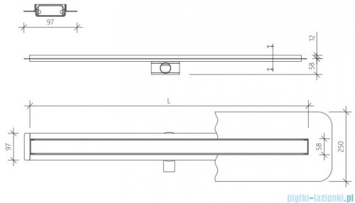 Wiper Premium Slim Ponente odpływ liniowy 60 cm z kołnierzem rysunek techniczny
