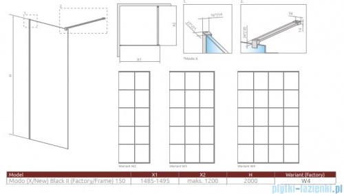 Radaway Modo X Black II Frame kabina Walk-in 150x200 szkło 10mm 389354-54-56