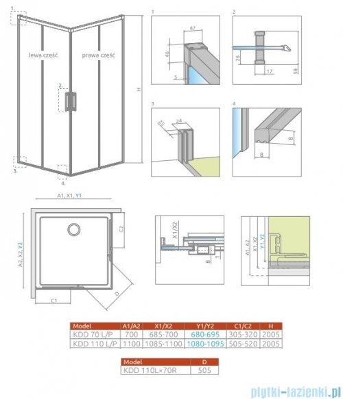 Radaway Idea 6 Kdd Brushed Light Gold kabina 110x70cm szczotkowane jasne złoto 387063-98-01L/387065-98-01R