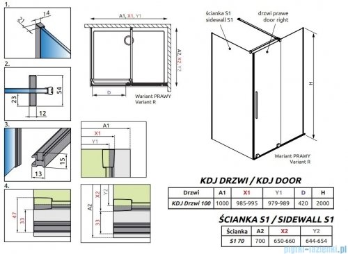 Radaway Furo Gold  Kdj kabina 100x70cm prawa szkło przejrzyste 10104522-09-01R/10110480-01-01/10113070-01-01