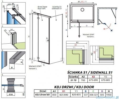 Radaway Torrenta KDJ kabina prysznicowa 85x70 lewa przejrzyste wspornik krzyżowy 133285-01-01L/1330070-01-01