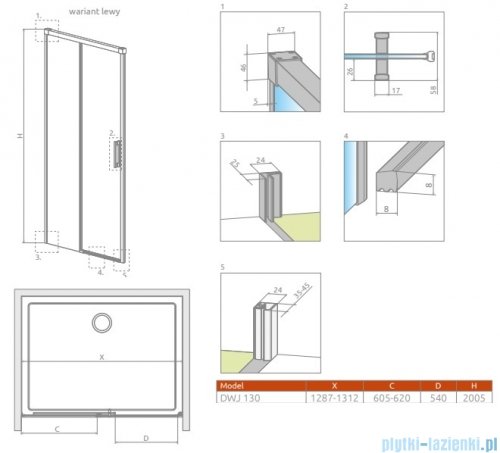 Radaway Idea 6 DWJ Brushed Light Gold drzwi wnękowe 130cm lewe szczotkowane jasne złoto 387017-98-01L